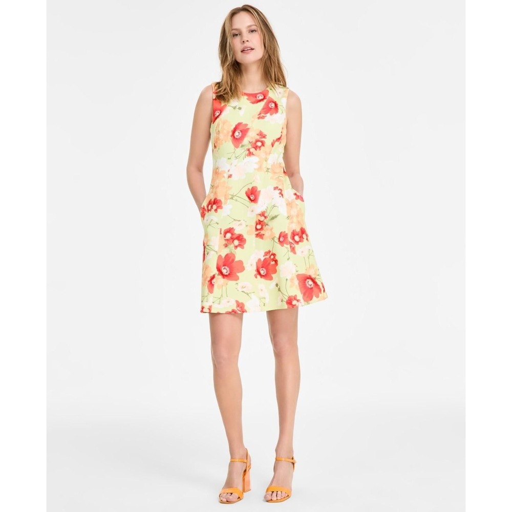 Vince Camuto Printed Scuba Fit & Flare Dress - Green Floral - SIze 10 (W1)